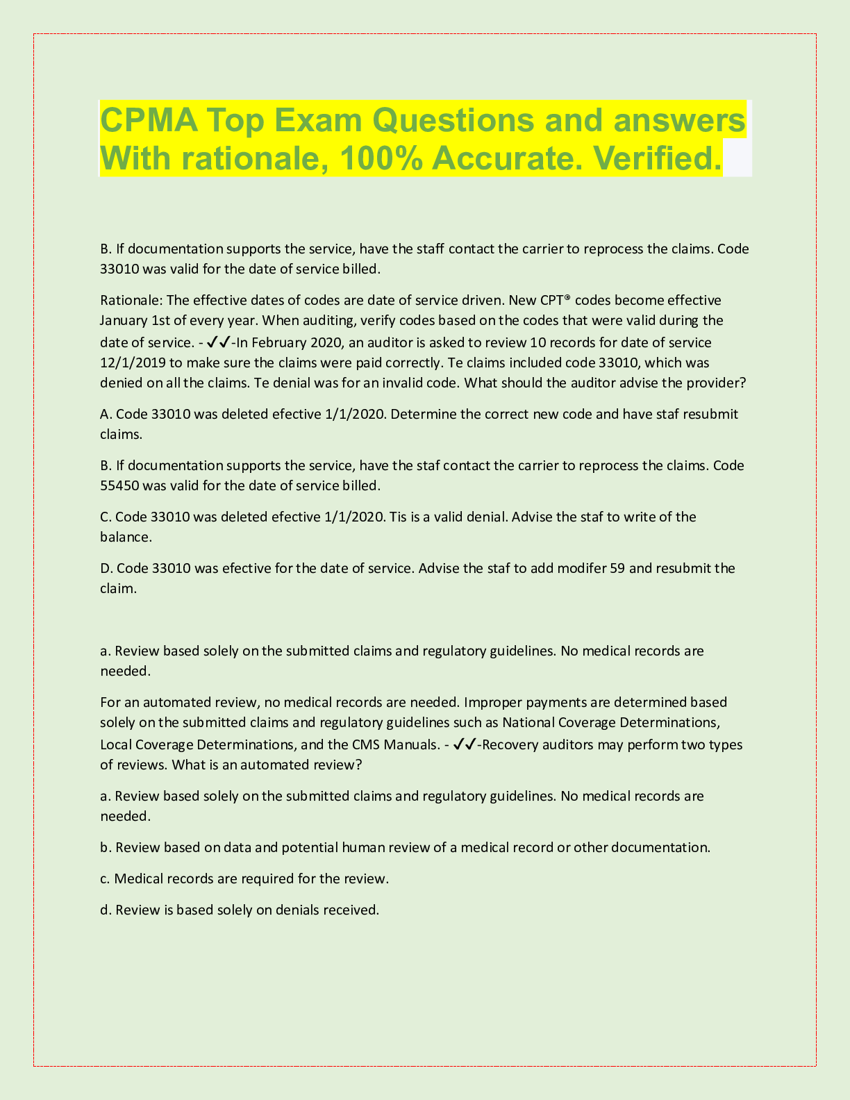Preview image for CPMA Top Exam Questions and answers With rationale, 100% Accurate. Verified.